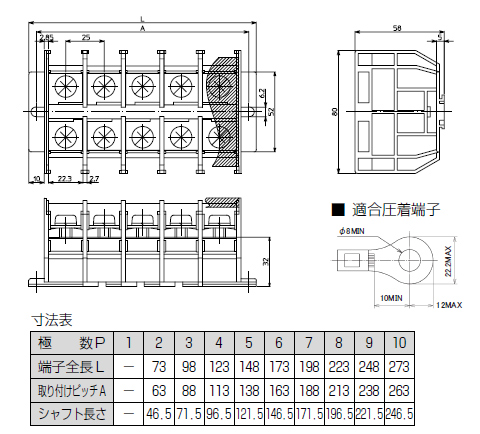 直取付型ネジアップ式端子台　ATK-150シリーズ　寸法図