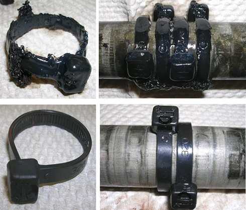 写真上 24時間後のナイロン66、写真下は3288時間後の耐候性ポリプロピレン