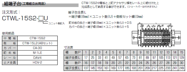 レール取付型セルフアップ式二段端子台　CTW-15シリーズ　組端子台