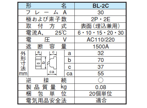 安全ブレーカ　BL-2C　仕様