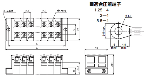 組端子台　TXUM　20シリーズ（定格40A）　寸法図