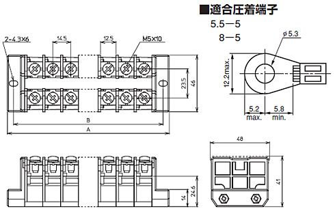 組端子台　TXUM　30シリーズ（定格50A）　寸法図