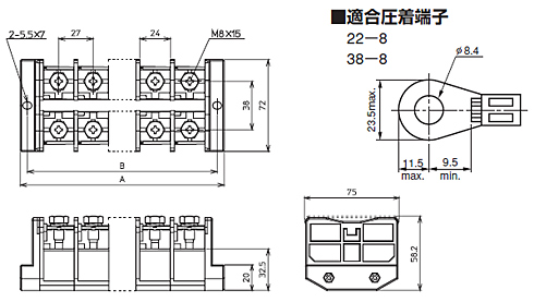 組端子台　TXUM　100シリーズ（定格130A）　寸法図